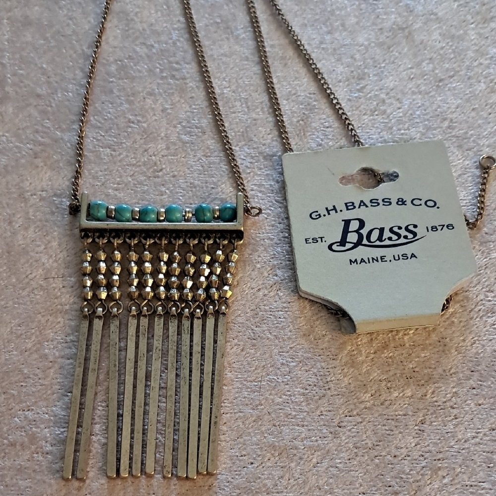 Statement Gold Tone Fringe Faux Turquoise Boho Festival Necklace NWT Cottagecore